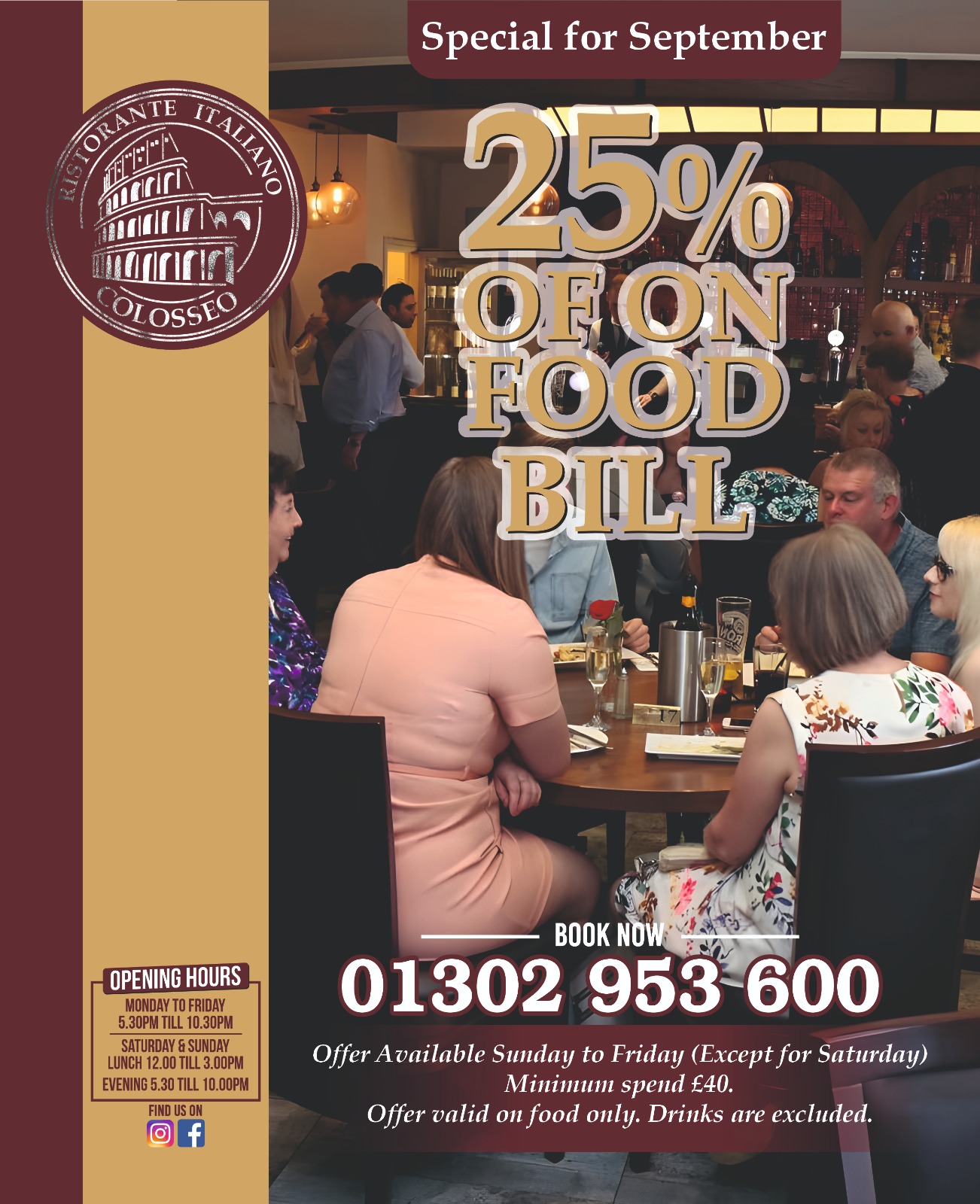 Colosseo Doncaster September 25% Off Food Bill Offer